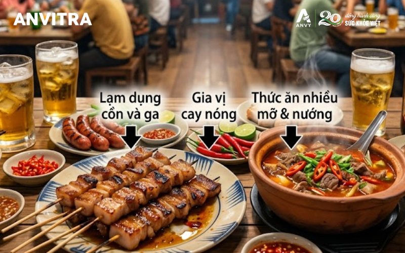 Ăn cay nóng và uống bia rượu là nguyên nhân ợ nóng