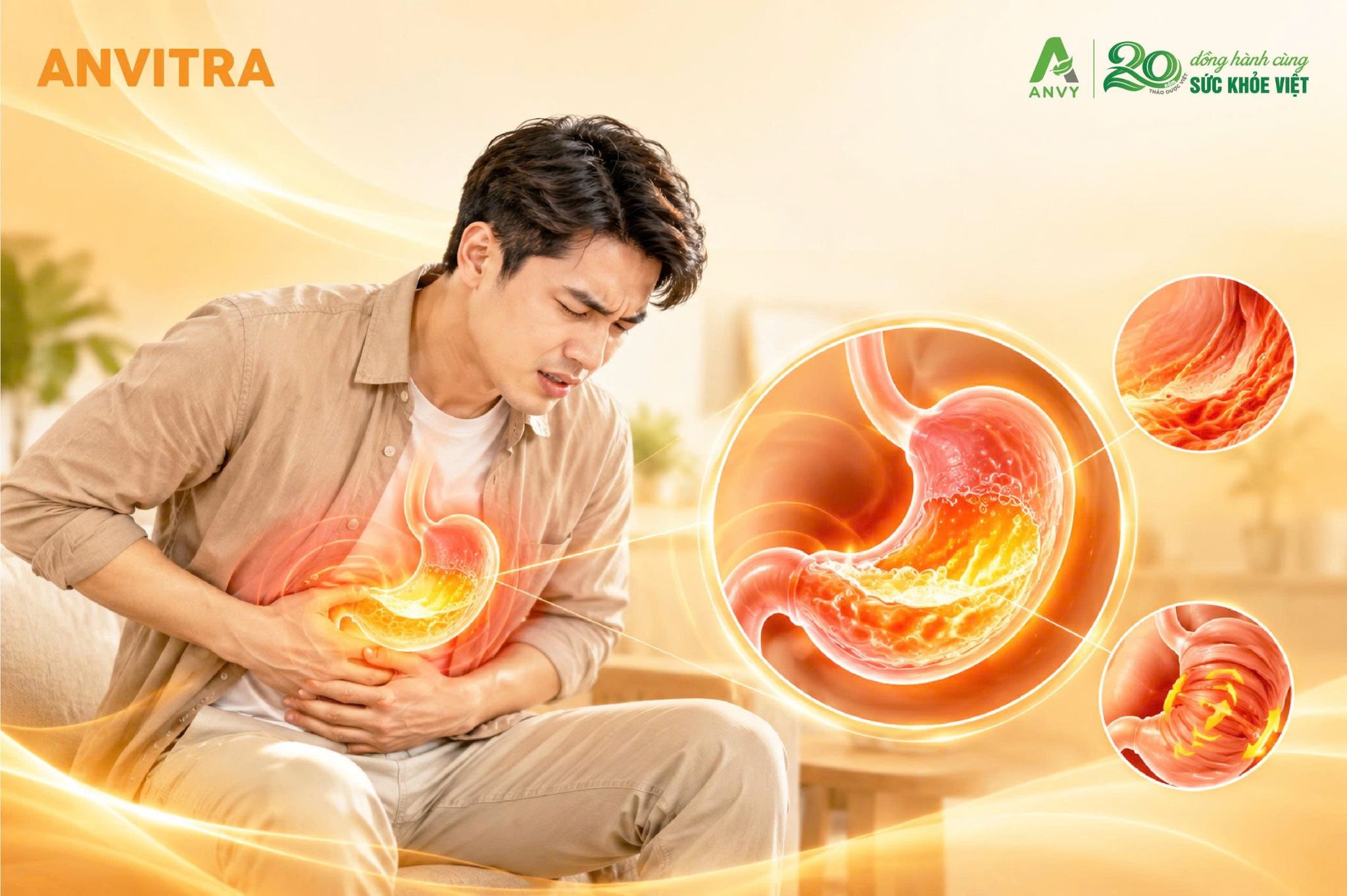 Cảm giác nóng rát dạ dày xuất hiện do dịch vị axit tăng tiết tác động lên niêm mạc.