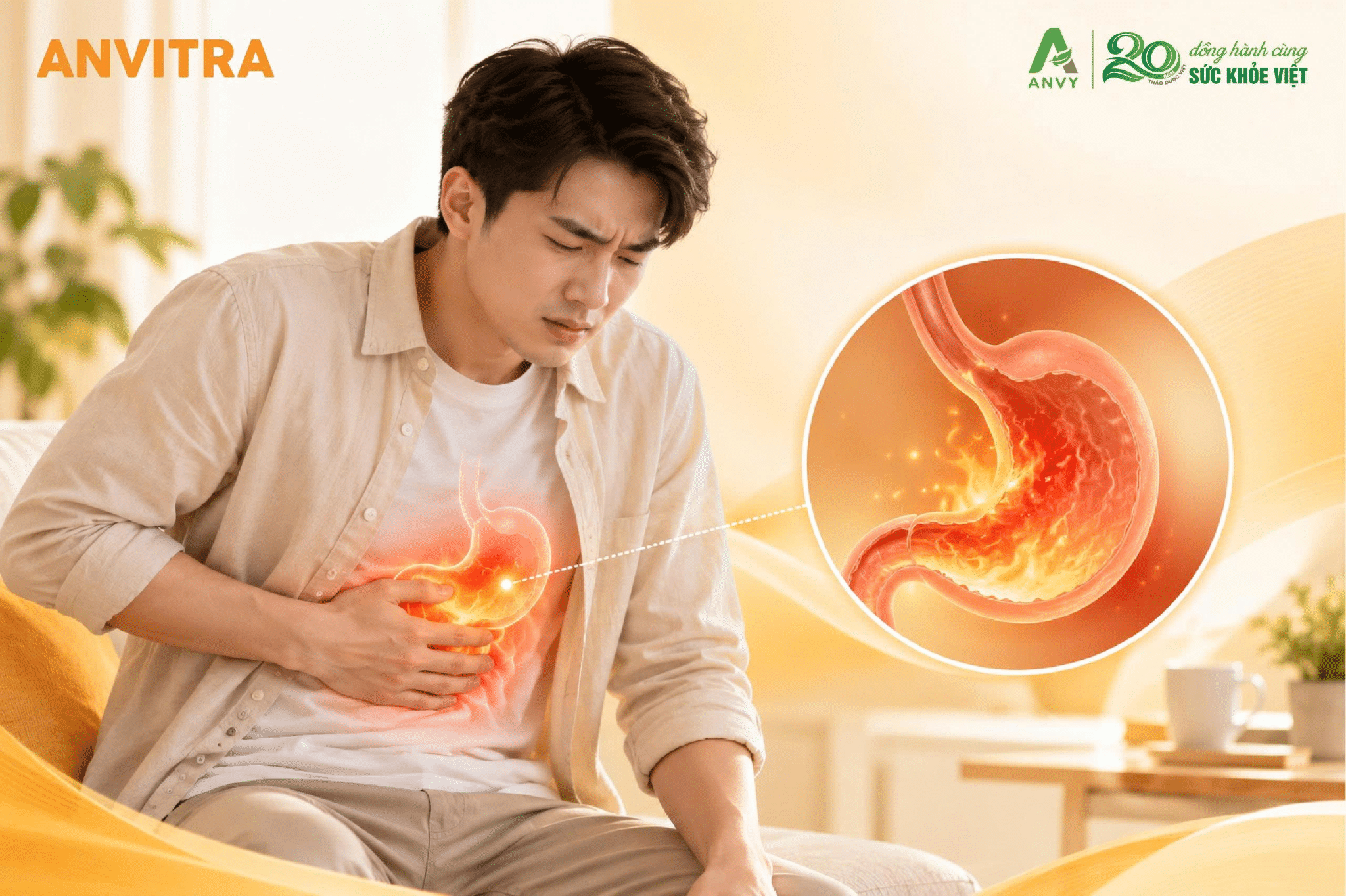Nóng rát dạ dày và đau nhói thượng vị là các biểu hiện thường gặp khi niêm mạc bị kích ứng.
