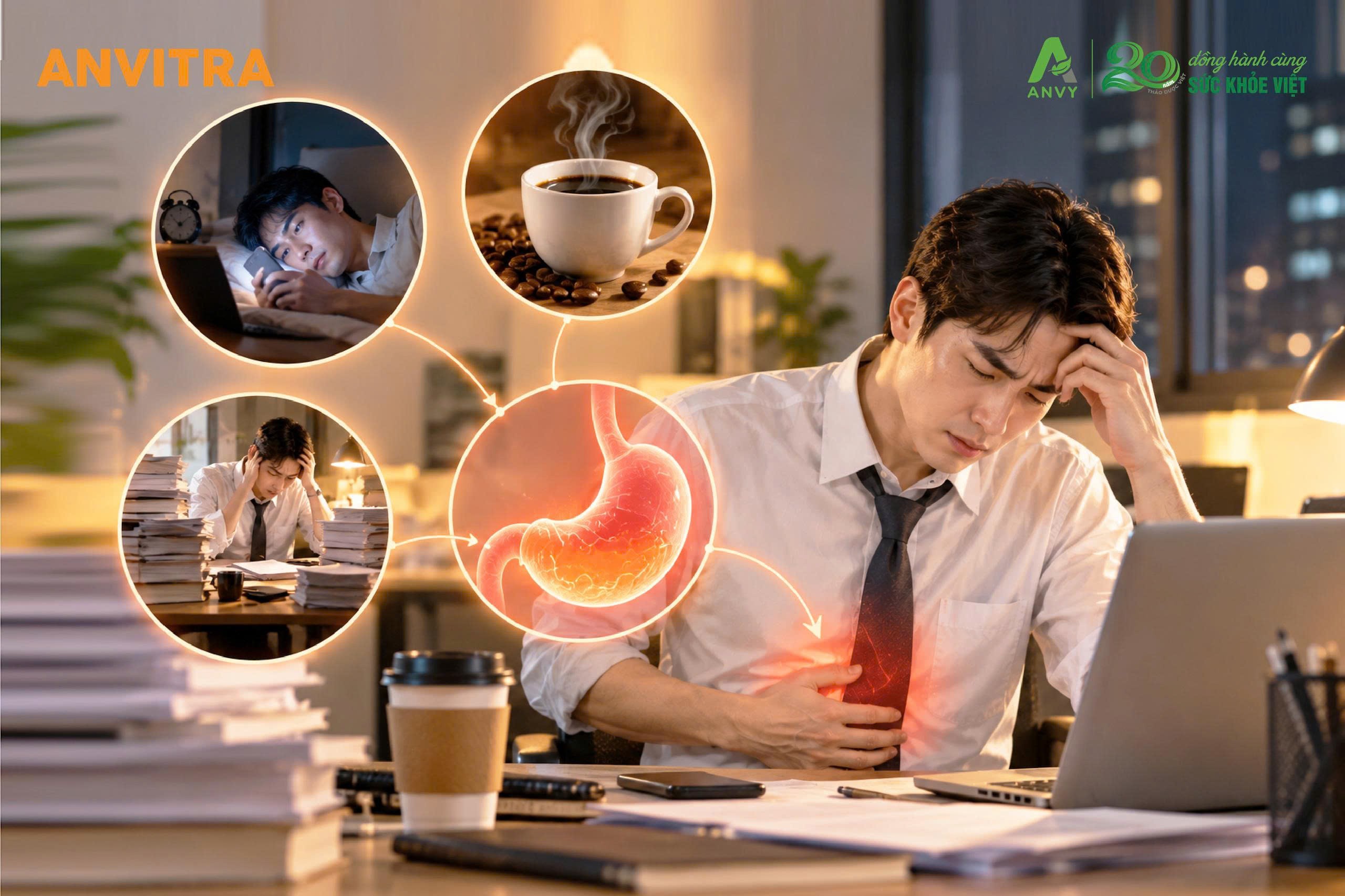 Áp lực công việc kéo dài khiến dạ dày tăng tiết axit và dễ bị kích ứng.