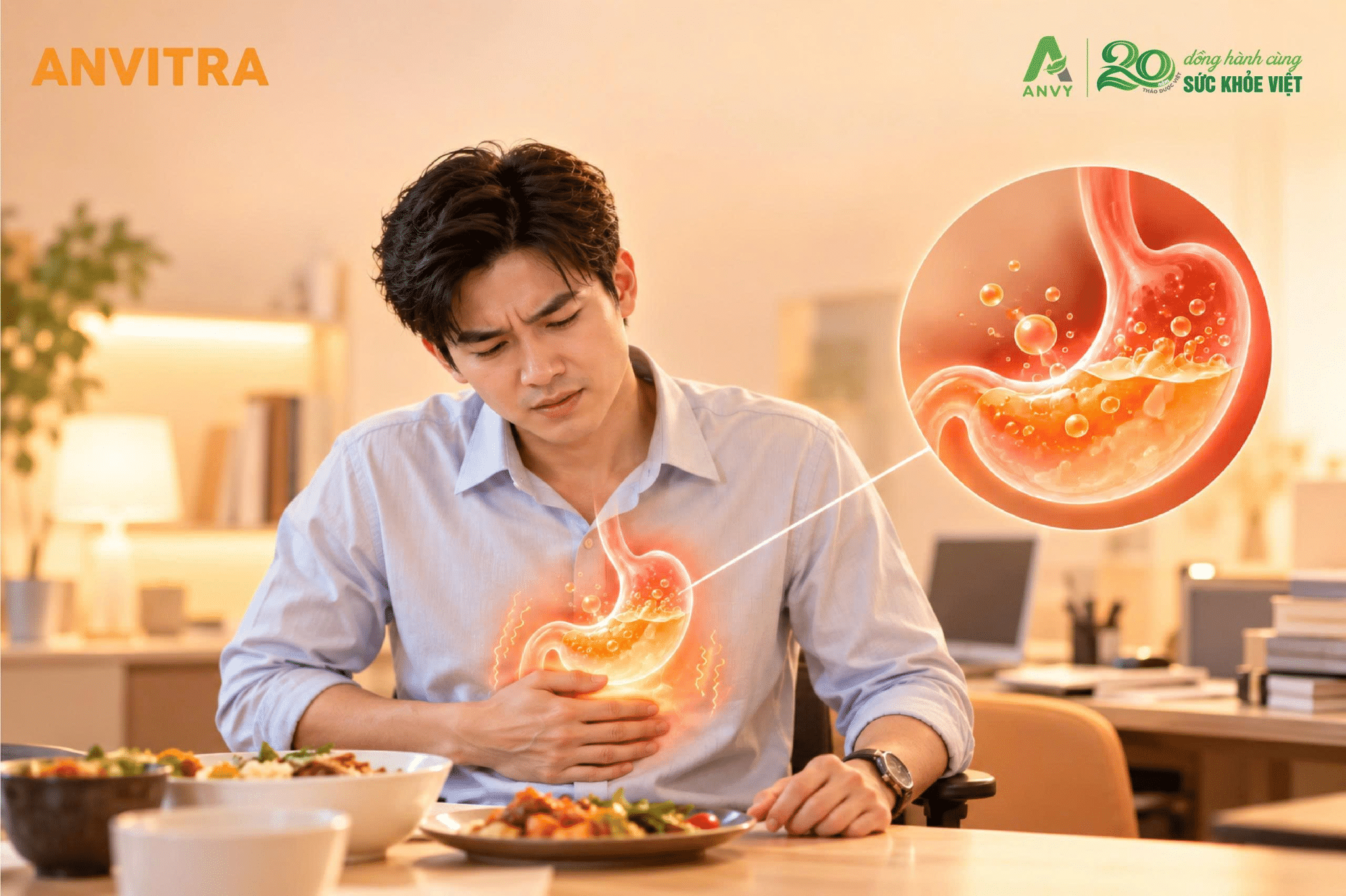 Thức ăn chậm tiêu hóa do dư acid sẽ lên men gây ra tình trạng chướng bụng, đầy hơi.