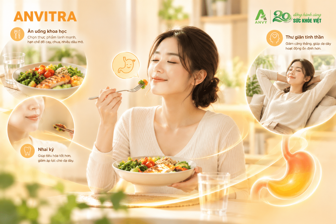 Chế độ ăn uống đúng giờ và giữ tinh thần thoải mái giúp giảm tải gánh nặng cho dạ dày.