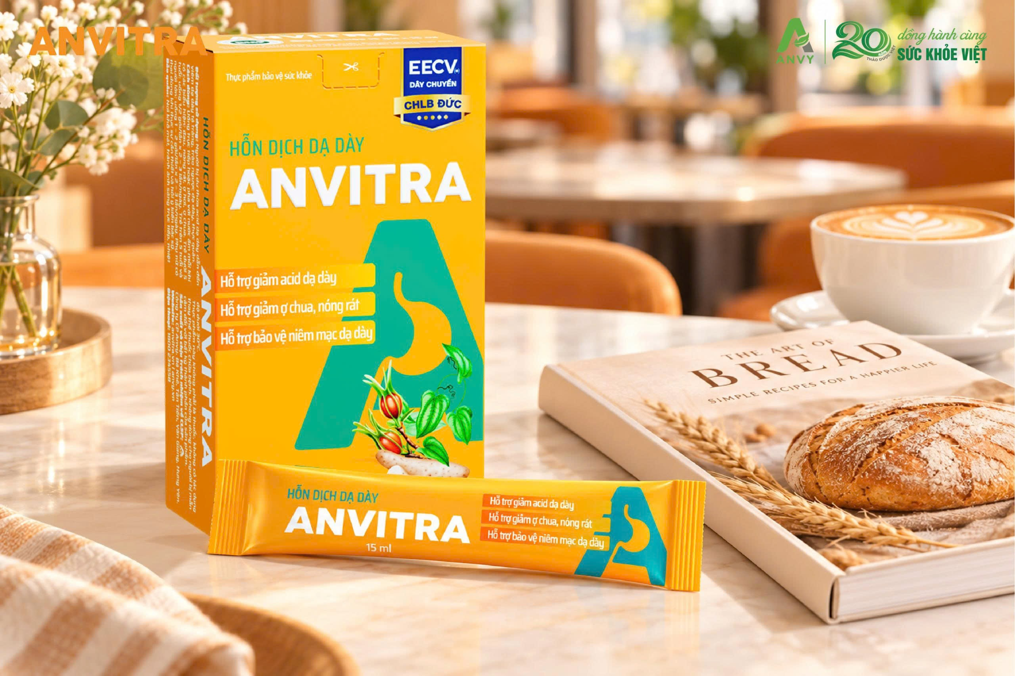 Hỗn dịch dạ dày Anvitra dạng gói uống hỗ trợ bảo vệ niêm mạc và giảm axit dịch vị.
