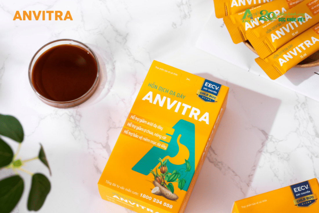 Hỗn dịch dạ dày Anvitra hỗ trợ giảm axit dịch vị và hỗ trợ bảo vệ niêm mạc dạ dày.