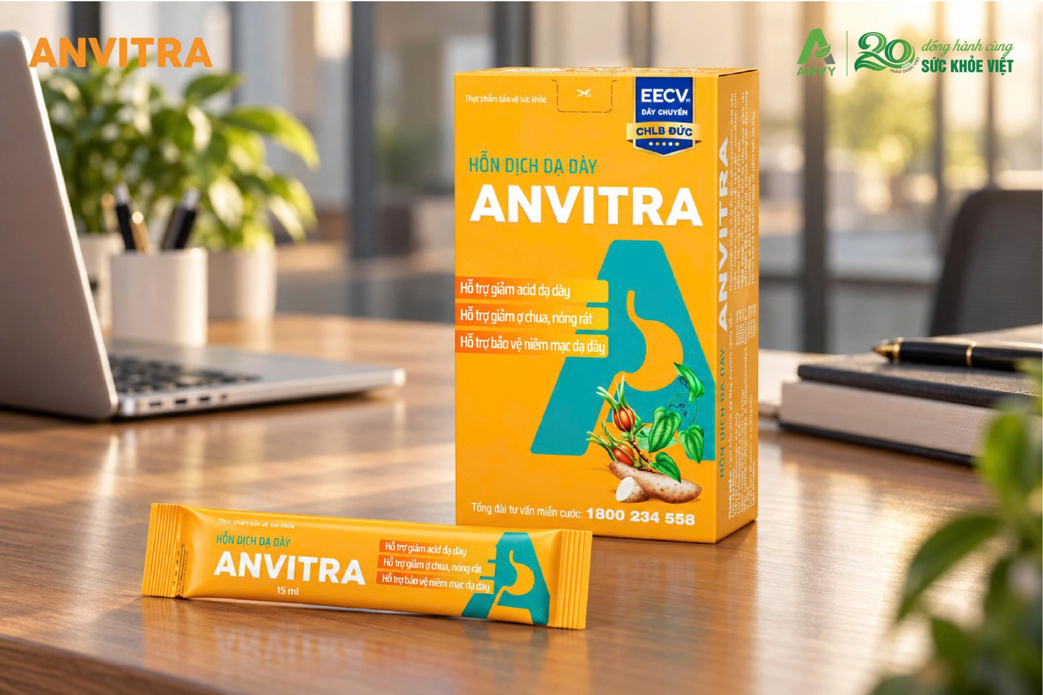Hỗn dịch dạ dày Anvitra hỗ trợ giảm axit dịch vị và hỗ trợ bảo vệ niêm mạc dạ dày.
