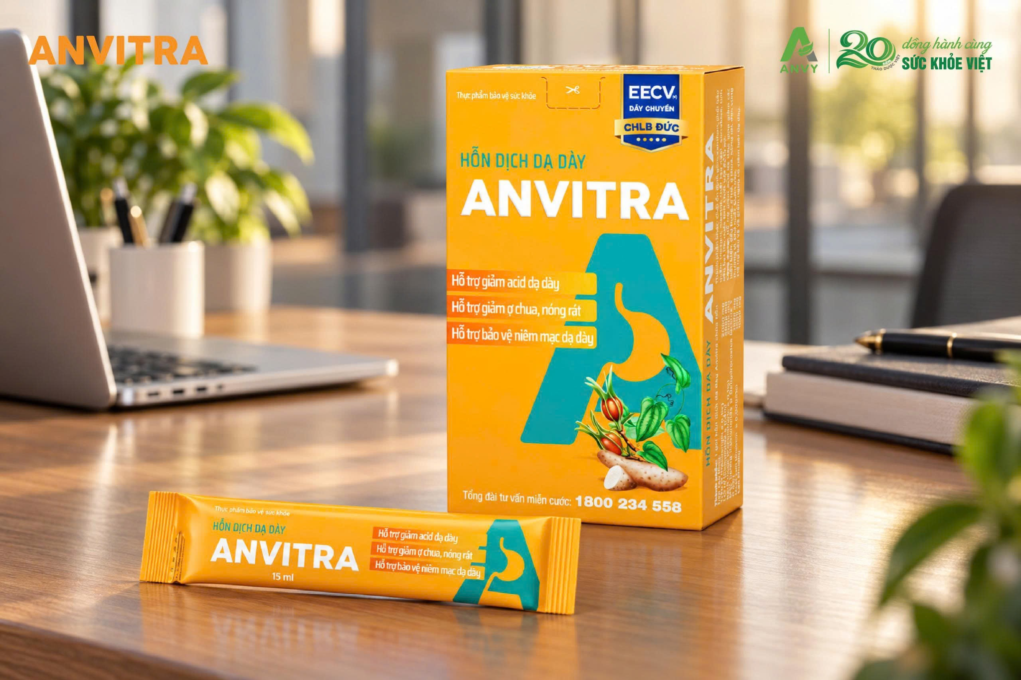 Hỗn dịch Anvitra kết hợp 6 vị thảo dược chuẩn hóa hỗ trợ xoa dịu niêm mạc dạ dày.